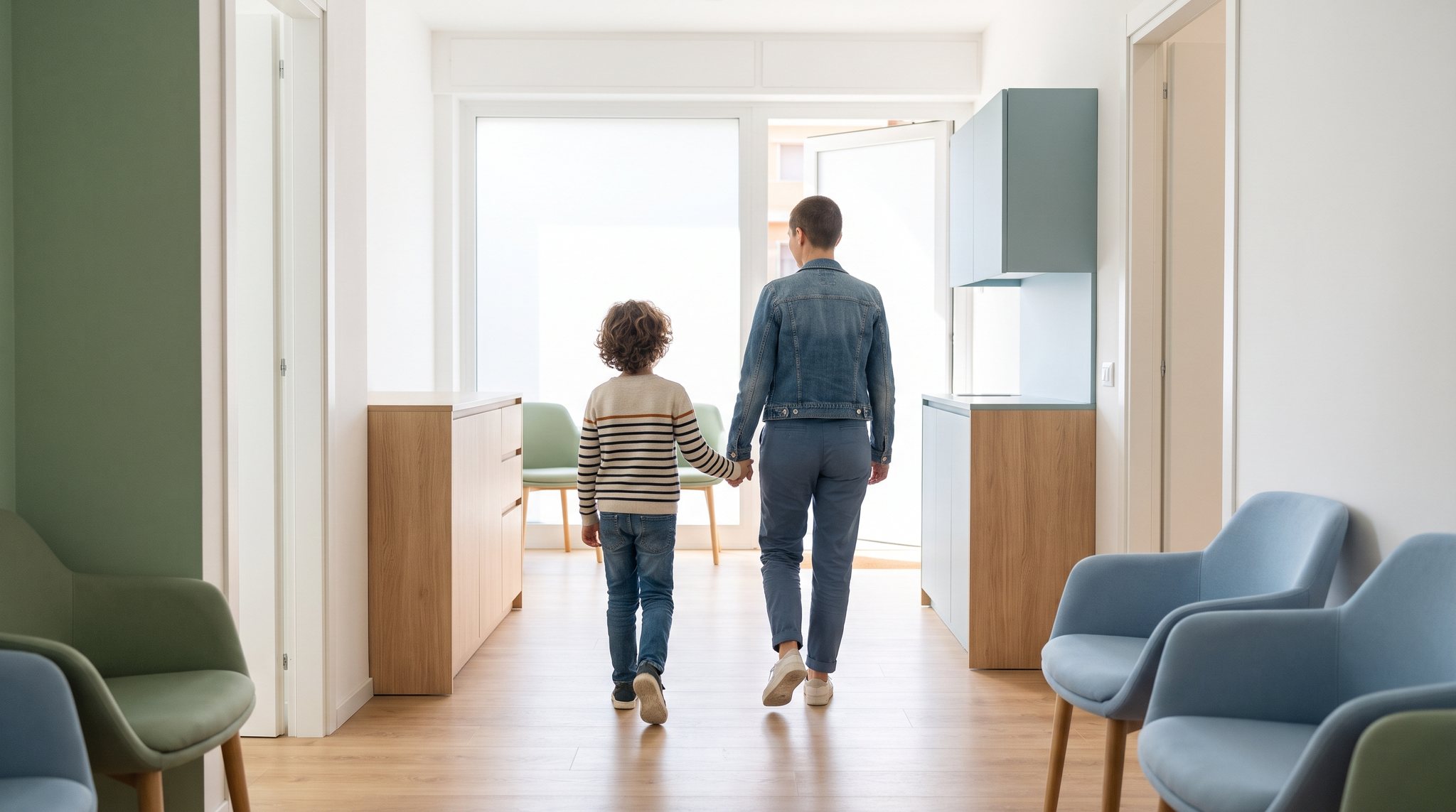Un bambino con un genitore in sala d'attesa, di spalle (immagine illustrativa)